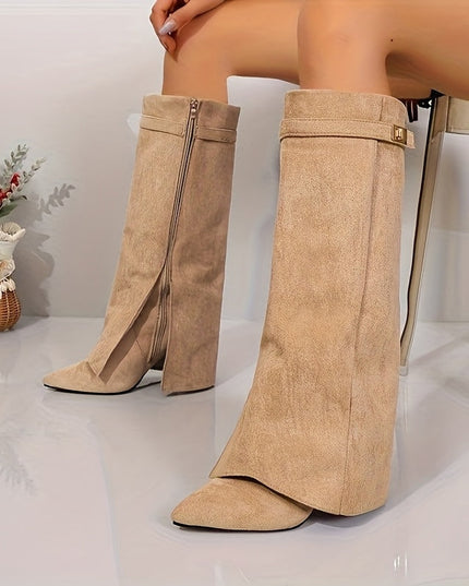 Bexley | Women's Knee High Suede-Look Block Heel Boots - Beige - Image 5