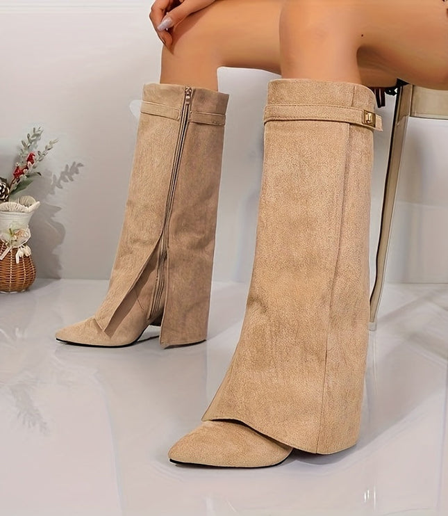 Bexley | Women's Knee High Suede-Look Block Heel Boots - Beige - Image 5