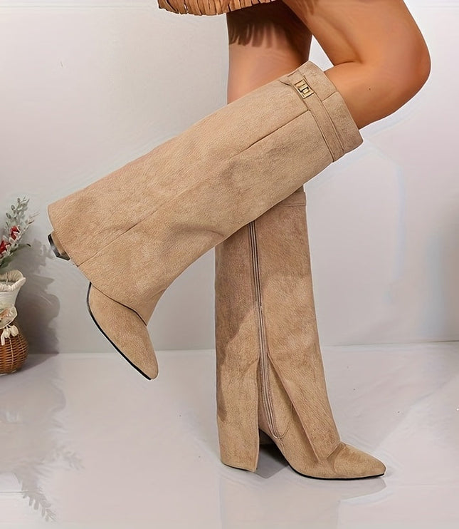 Bexley | Women's Knee High Suede-Look Block Heel Boots - Beige - Image 1