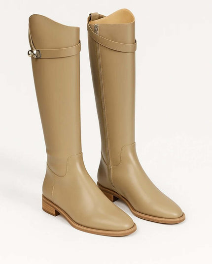 Women's Knee-High Leather Riding Boots Buckle Detail - Beige