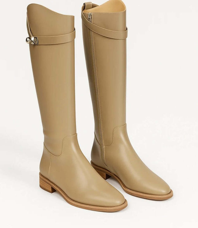Women's Knee-High Leather Riding Boots Buckle Detail - Beige