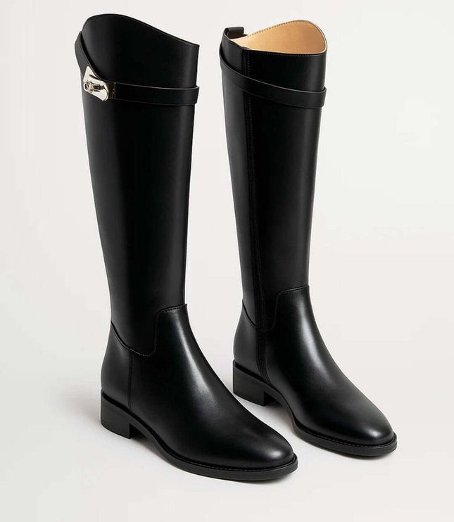 Women's Knee-High Leather Riding Boots Buckle Detail - Black