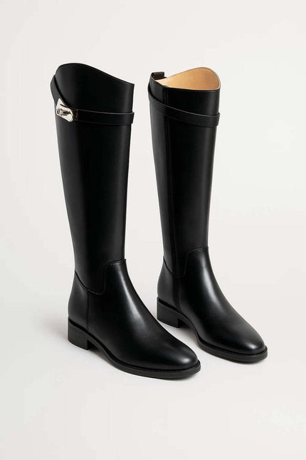 Women's Knee-High Leather Riding Boots Buckle Detail - Black