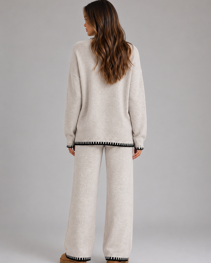 Women's Knitted Co-Ord Set with Contrast Trim and Wide Leg Trousers