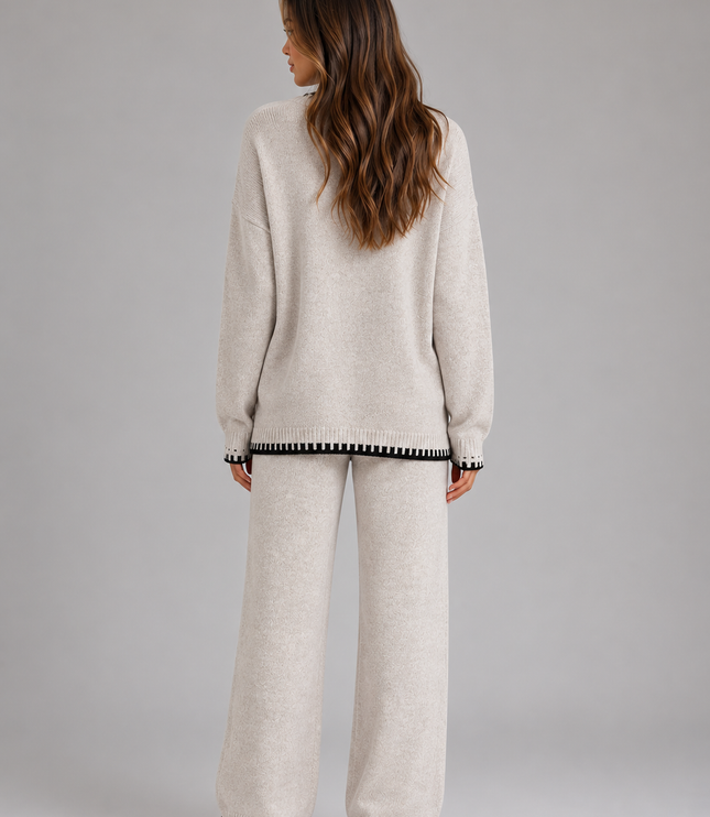 Women's Knitted Co-Ord Set with Contrast Trim and Wide Leg Trousers