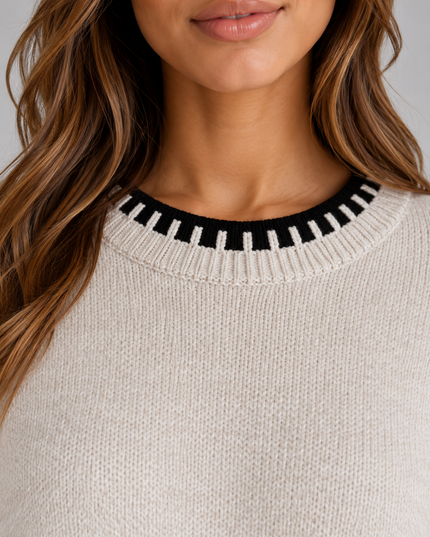Women's Knitted Co-Ord Set with Contrast Trim and Wide Leg Trousers