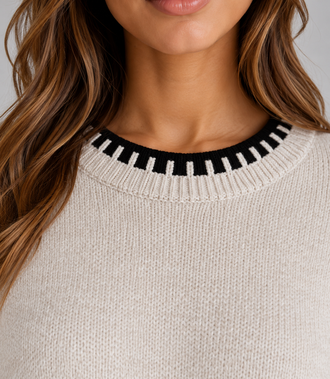 Women's Knitted Co-Ord Set with Contrast Trim and Wide Leg Trousers