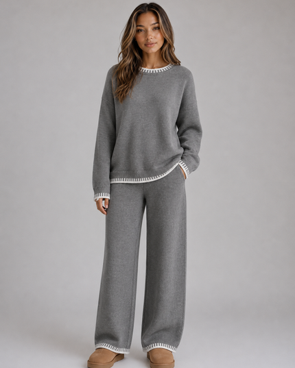 Women's Knitted Co-Ord Set with Contrast Trim and Wide Leg Trousers