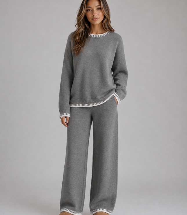 Women's Knitted Co-Ord Set with Contrast Trim and Wide Leg Trousers