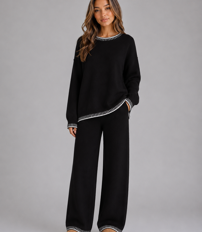 Women's Knitted Co-Ord Set with Contrast Trim and Wide Leg Trousers