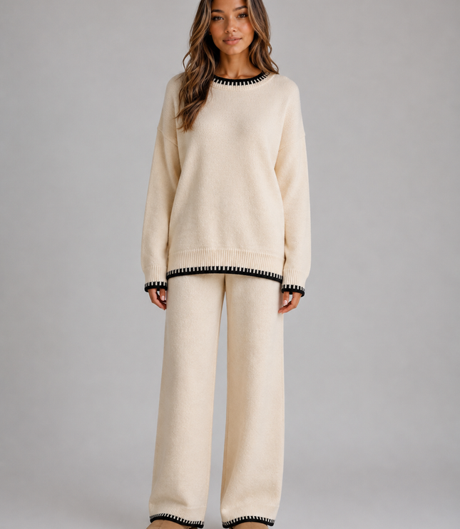 Women's Knitted Co-Ord Set with Contrast Trim and Wide Leg Trousers