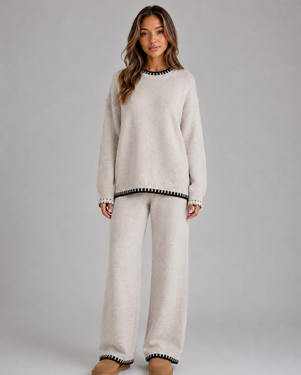 Women's Knitted Co-Ord Set with Contrast Trim and Wide Leg Trousers