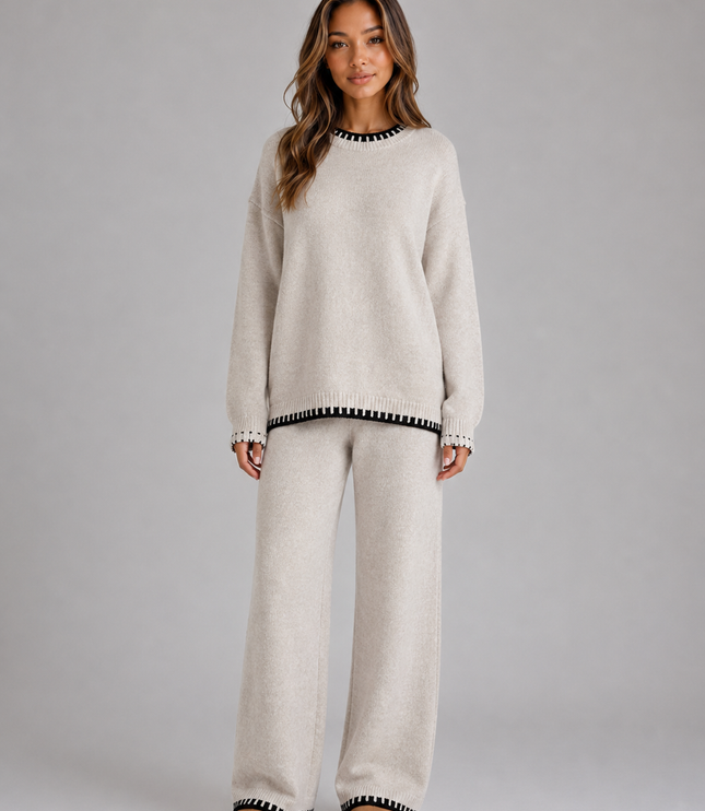 Women's Knitted Co-Ord Set with Contrast Trim and Wide Leg Trousers