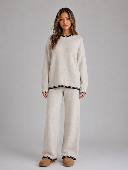 Women's Knitted Co-Ord Set with Contrast Trim and Wide Leg Trousers