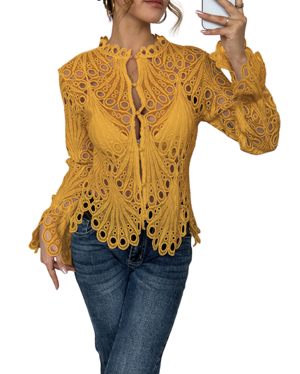 Golden yellow lace cutwork long sleeve blouse with tie front detail