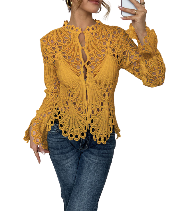 Golden yellow lace cutwork long sleeve blouse with tie front detail