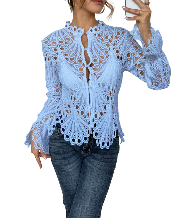 Periwinkle blue lace cutwork long sleeve blouse with tie front opening