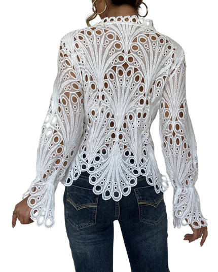 Back view of white lace cutwork long sleeve blouse showing intricate eyelet pattern