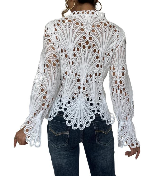 Back view of white lace cutwork long sleeve blouse showing intricate eyelet pattern