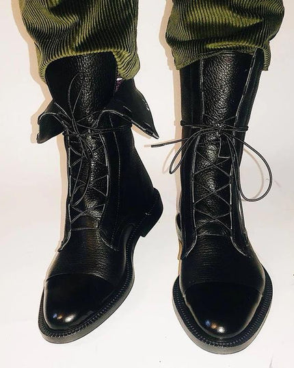 Women's Lace Up Boots with Cap Toe and Mid Calf Shaft