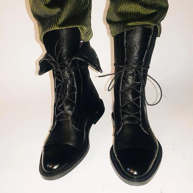 Women's Lace Up Boots with Cap Toe and Mid Calf Shaft