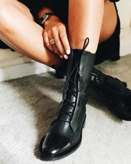 Women's Lace Up Boots with Cap Toe and Mid Calf Shaft