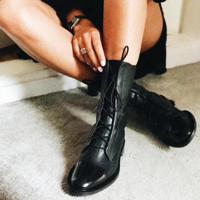 Women's Lace Up Boots with Cap Toe and Mid Calf Shaft