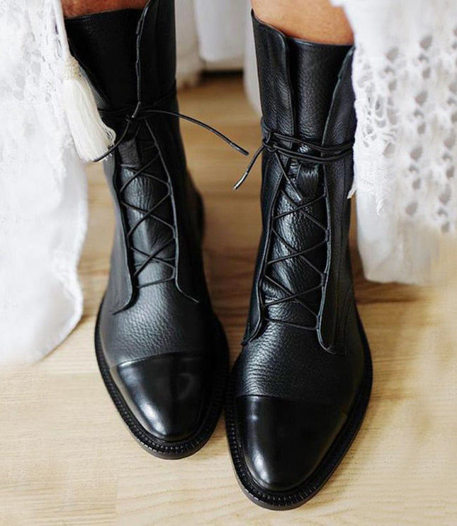 Women's Lace Up Boots with Cap Toe and Mid Calf Shaft
