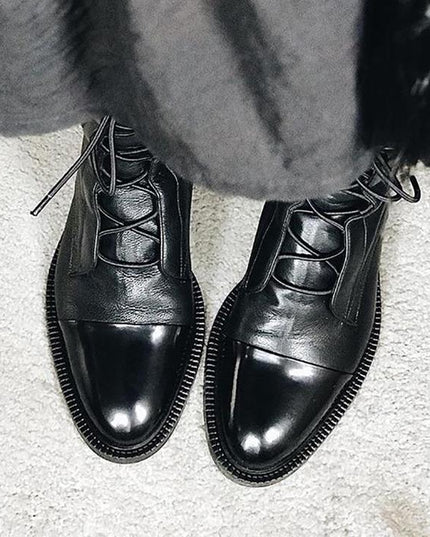 Women's Lace Up Boots with Cap Toe and Mid Calf Shaft