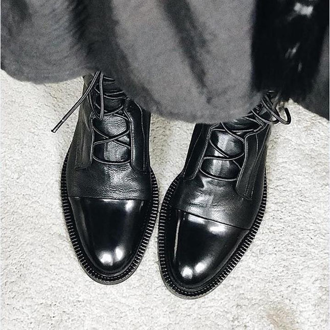 Women's Lace Up Boots with Cap Toe and Mid Calf Shaft