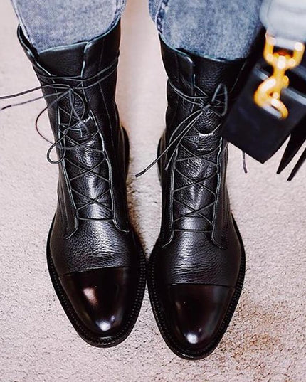 Women's Lace Up Boots with Cap Toe and Mid Calf Shaft