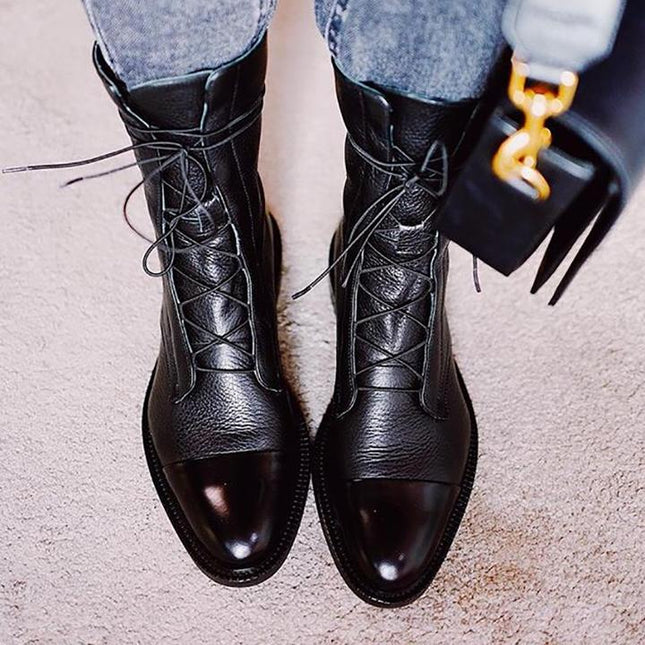 Women's Lace Up Boots with Cap Toe and Mid Calf Shaft
