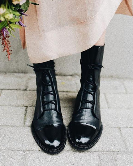 Women's Lace Up Boots with Cap Toe and Mid Calf Shaft