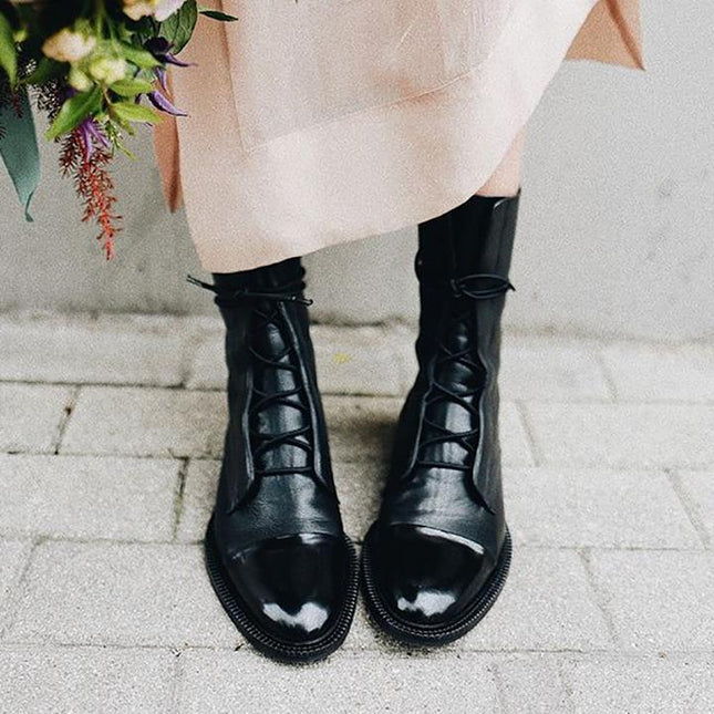 Women's Lace Up Boots with Cap Toe and Mid Calf Shaft