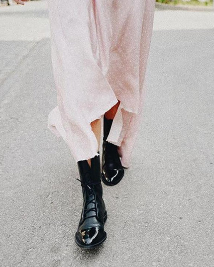Women's Lace Up Boots with Cap Toe and Mid Calf Shaft