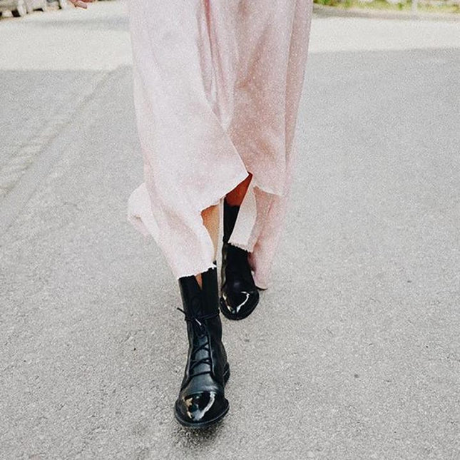 Women's Lace Up Boots with Cap Toe and Mid Calf Shaft