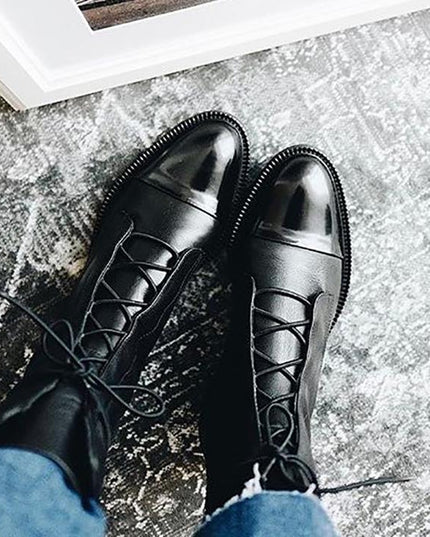Women's Lace Up Boots with Cap Toe and Mid Calf Shaft