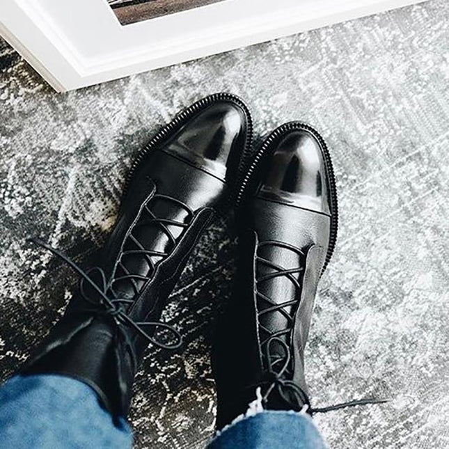 Women's Lace Up Boots with Cap Toe and Mid Calf Shaft