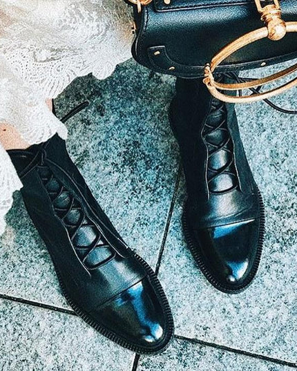 Women's Lace Up Boots with Cap Toe and Mid Calf Shaft