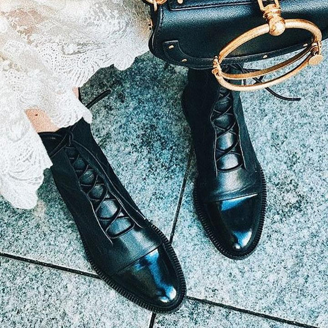 Women's Lace Up Boots with Cap Toe and Mid Calf Shaft