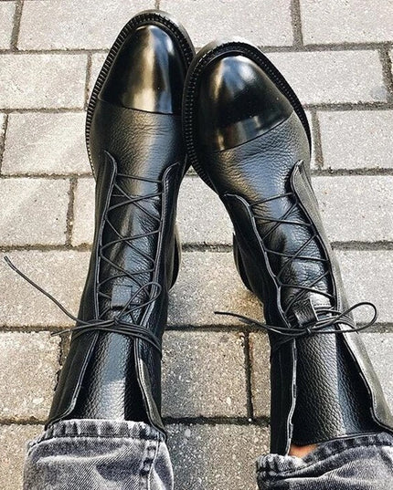 Women's Lace Up Boots with Cap Toe and Mid Calf Shaft