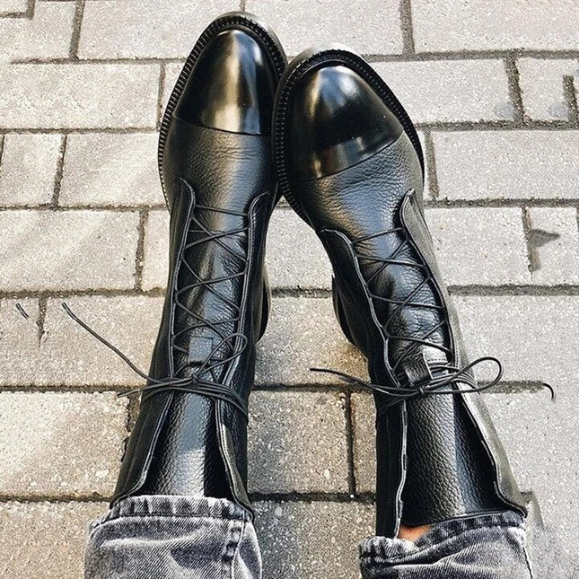 Women's Lace Up Boots with Cap Toe and Mid Calf Shaft