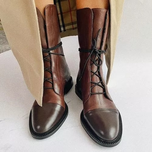 Women's Lace Up Boots with Cap Toe and Mid Calf Shaft