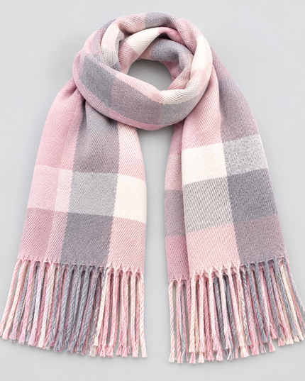 Women's Large Check Scarf with Tassel Fringe