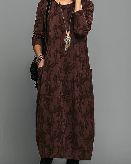 Women's Leaf Print Long Sleeve Midi Dress