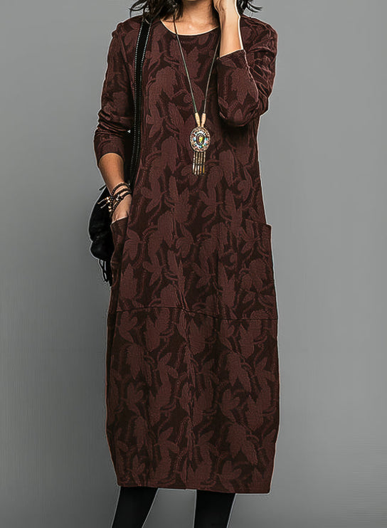 Women's Leaf Print Long Sleeve Midi Dress
