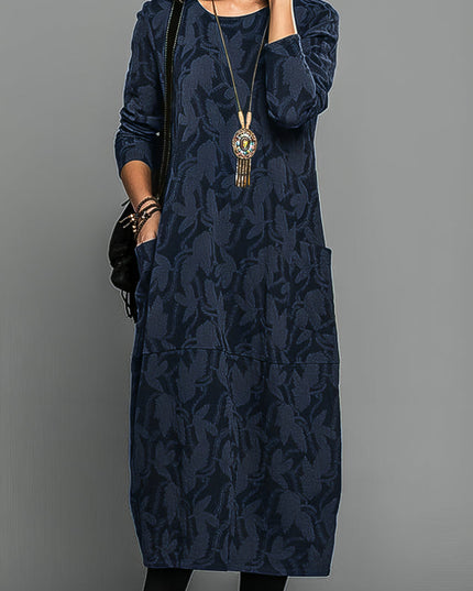 Women's Leaf Print Long Sleeve Midi Dress