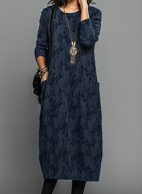 Women's Leaf Print Long Sleeve Midi Dress