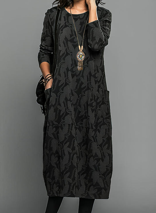 Women's Leaf Print Long Sleeve Midi Dress