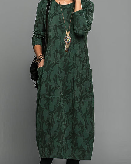 Women's Leaf Print Long Sleeve Midi Dress